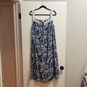 100% Cotton Navy Blue Floral Nightgown Nightdress with Ribbon and Lace Details